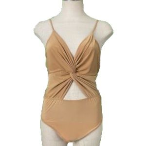 Mocking Jay Tan Twist Front Cut Out Bodysuit